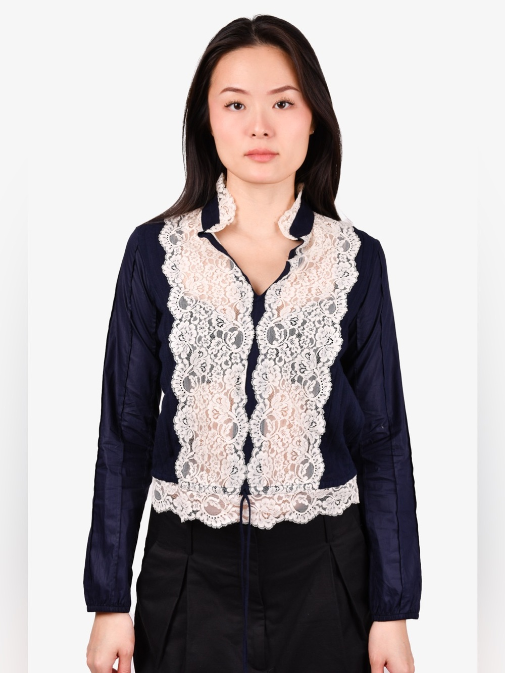 See ByChloe Navy Blue Lace-Front Blouse with Ivory Trim